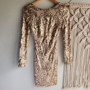 Dress The Population Lola Gold Sequin Mini Dress Long Sleeve XS‎